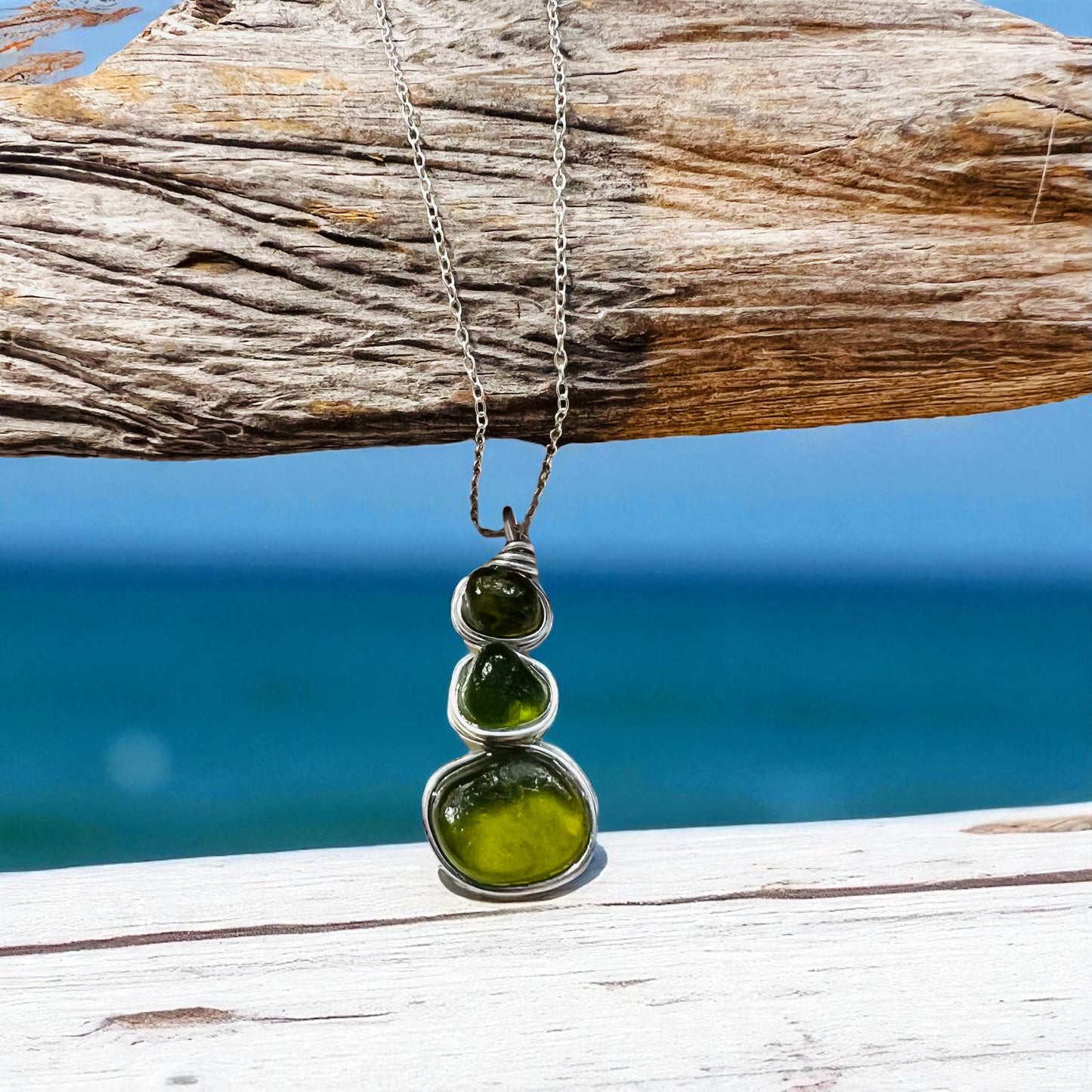 Three Piece Olive Green Seaham Sea Glass Pendant