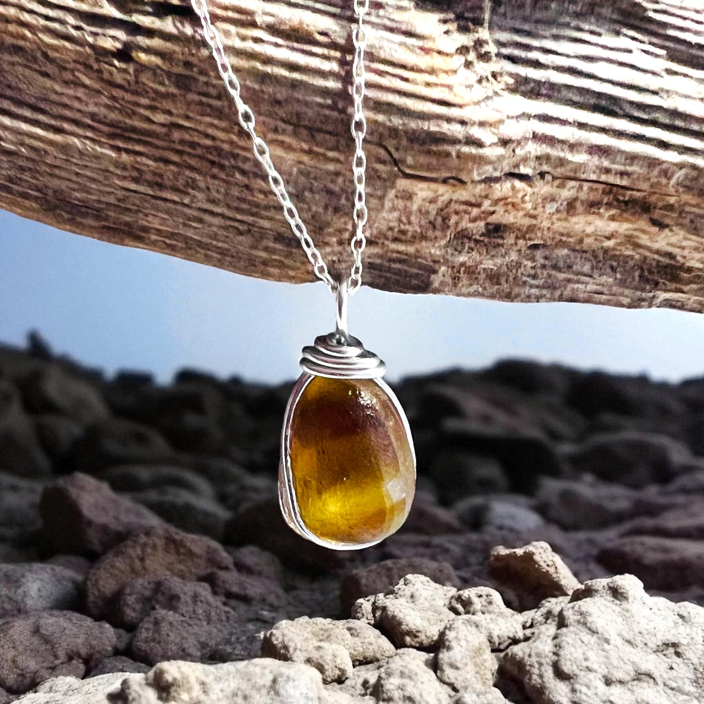 Yellow and Brown Seaham Sea Glass Pendant on a 20” Sterling Silver Chain .