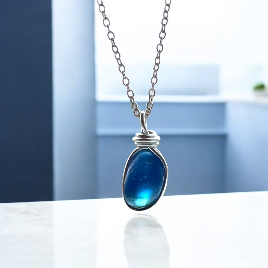 Bright Blue Seaham Sea Glass Pendant