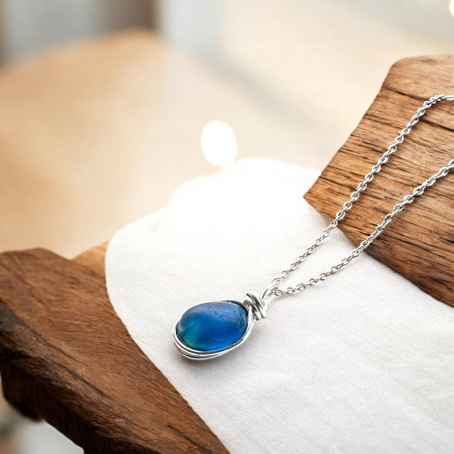 Bright Blue Seaham Sea Glass Pendant
