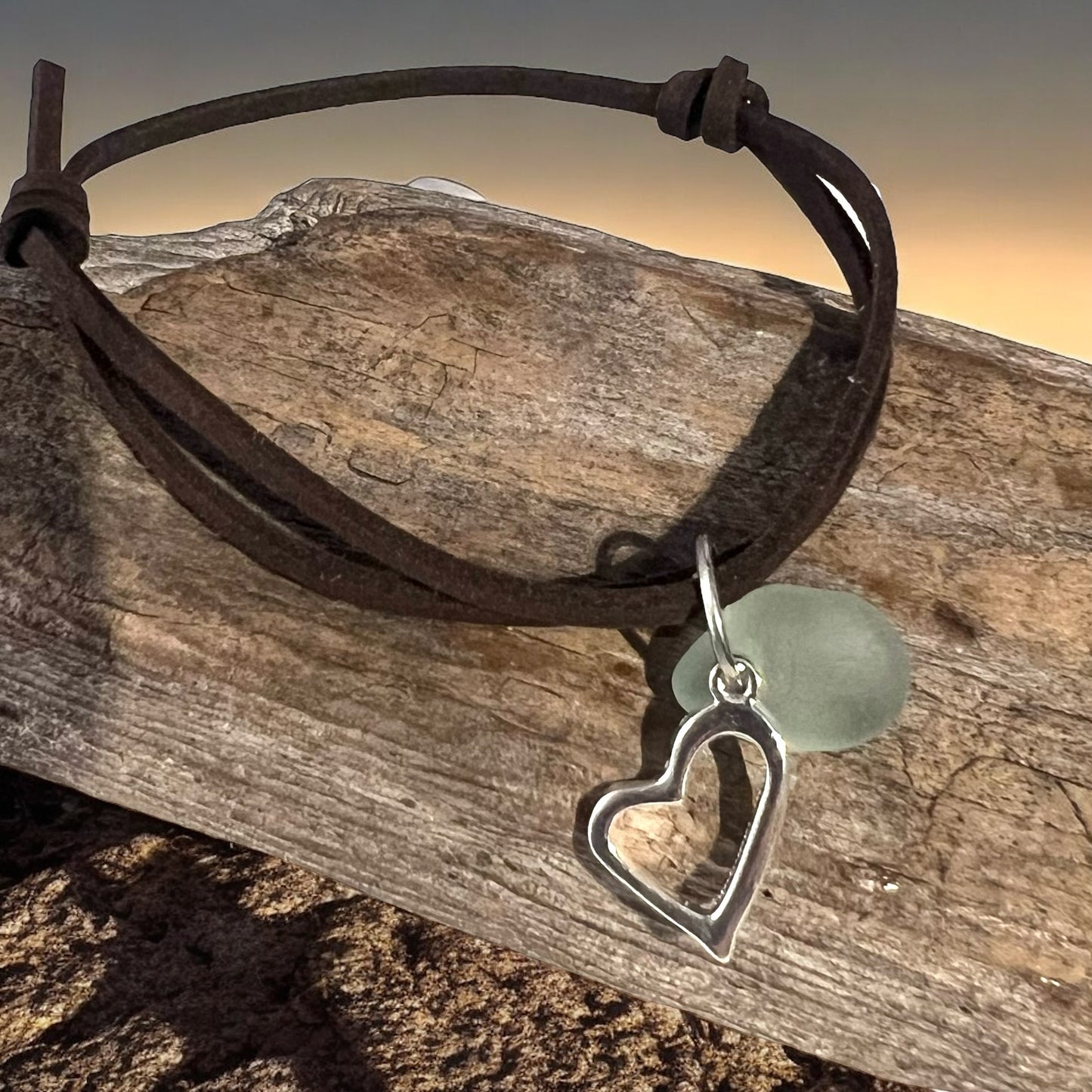 Sea Glass Heart Charm amd Sea Glass Suede Cord Bracelet