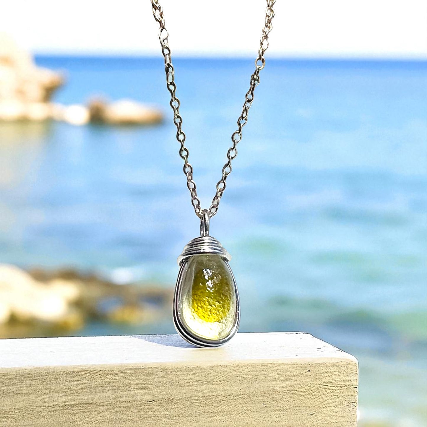 Pale Yellow and White Seaham Sea Glass Multi Pendant