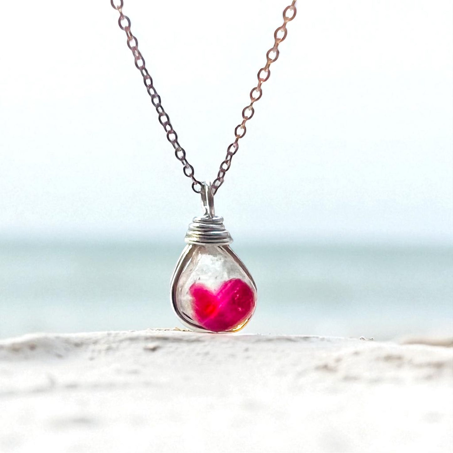 Rare White & Red Seaham Sea Glass Multi Pendant