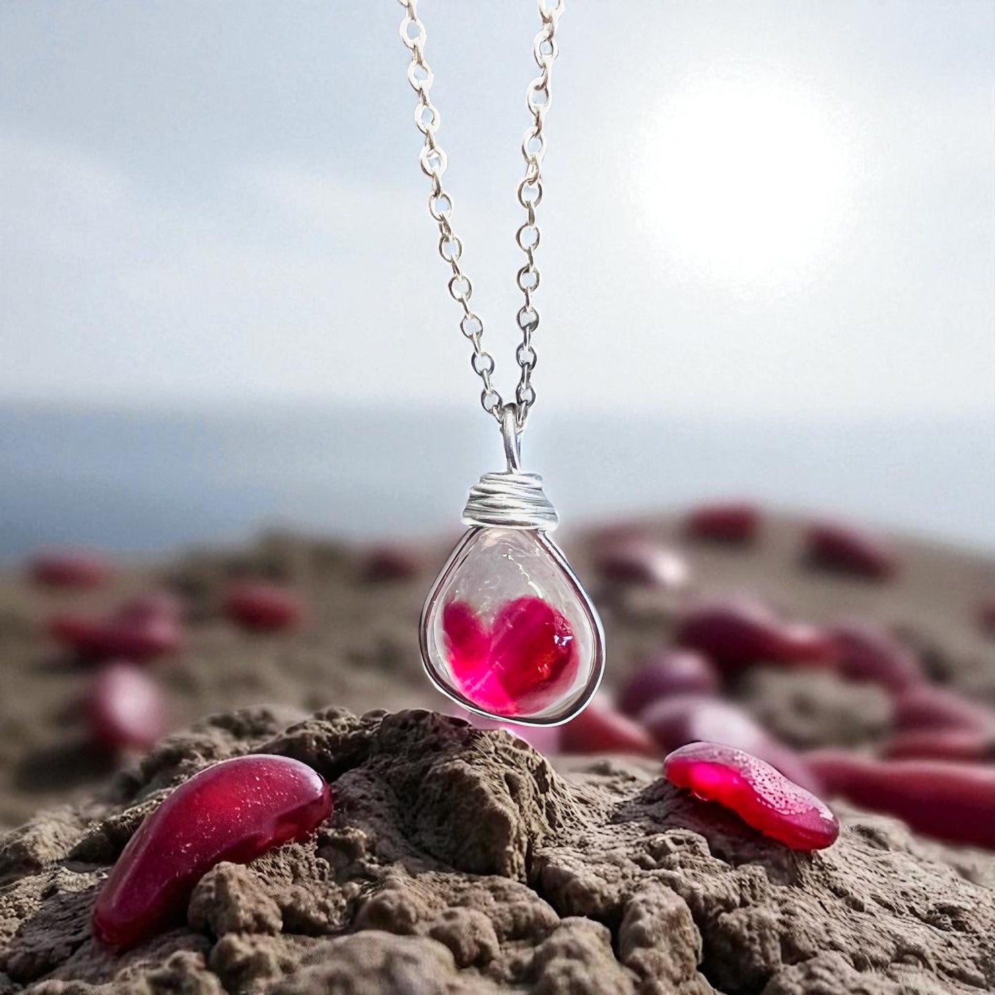 Rare White & Red Seaham Sea Glass Multi Pendant