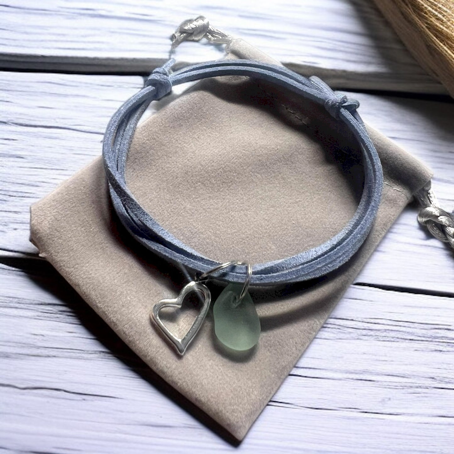 Sea Glass Heart Charm amd Sea Glass Suede Cord Bracelet