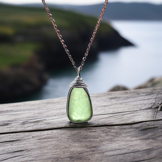 Lime Green Seaham Sea Glass and Glass Pearl Pendant