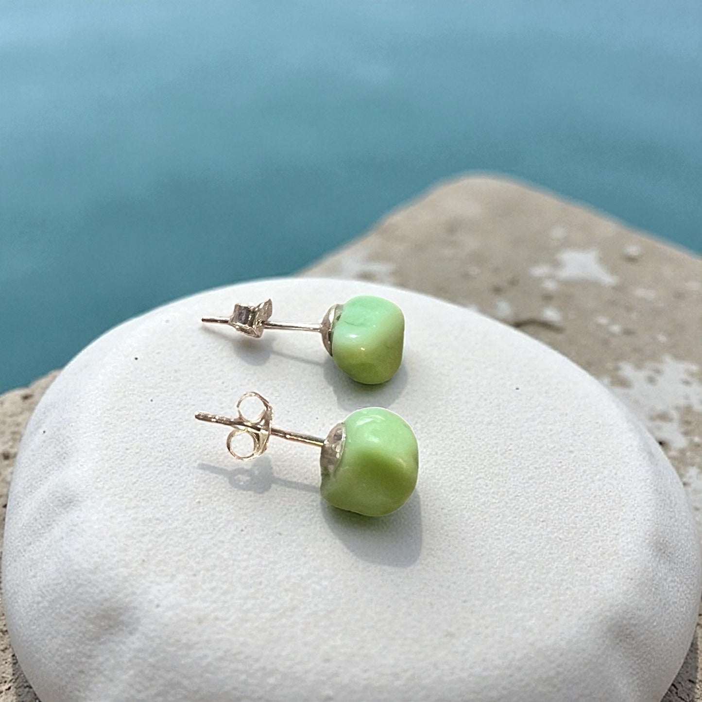 Mint Green Milky Seaham Sea Glass Stud Earrings