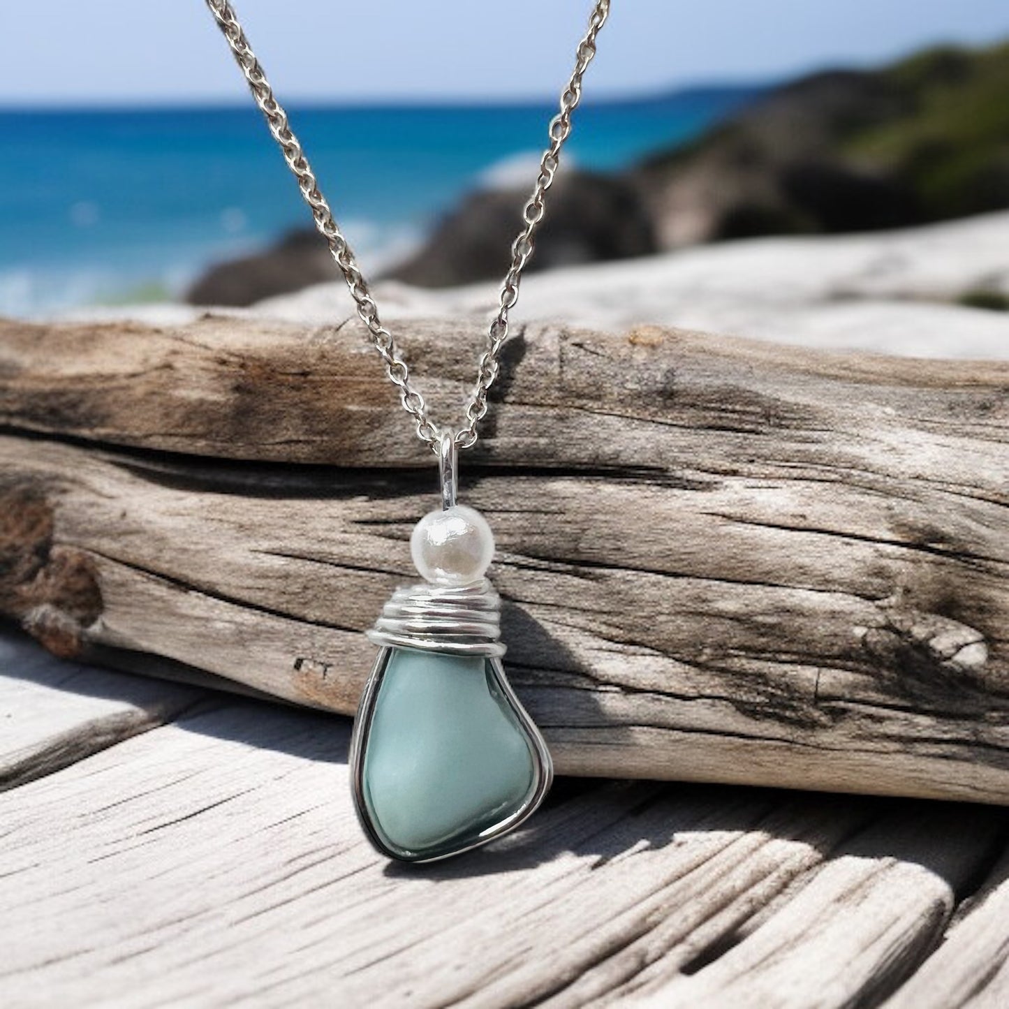 Blue Milky Seaham Sea Glass and Glass Pearl Pendant