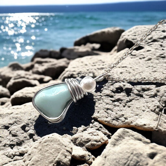Blue Milky Seaham Sea Glass and Glass Pearl Pendant