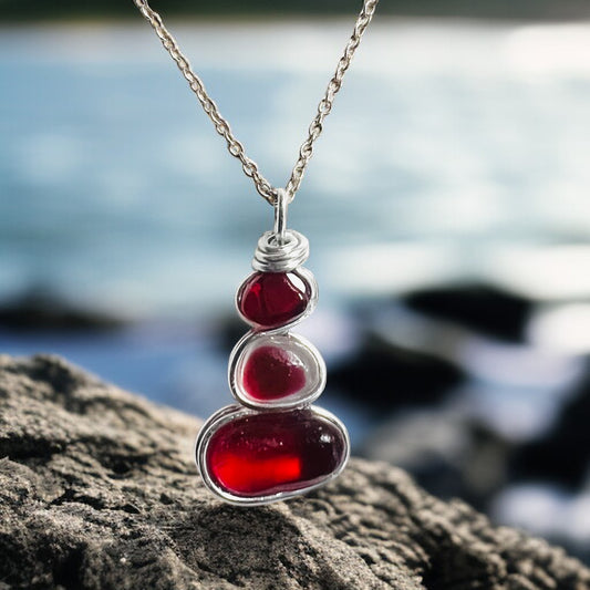 Rare Red Three Piece Sea Glass Pendant