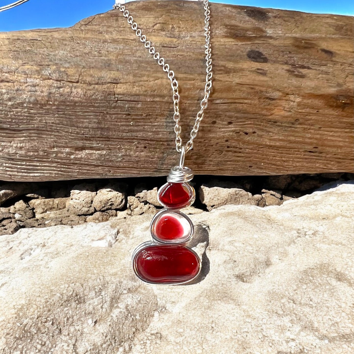 Rare Red Three Piece Sea Glass Pendant