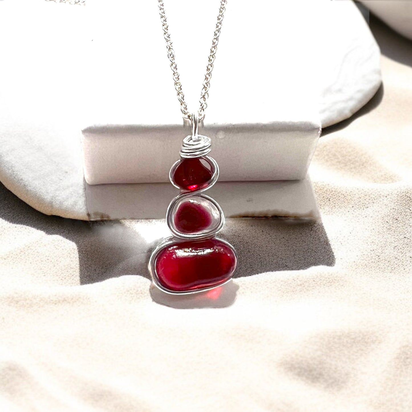 Rare Red Three Piece Sea Glass Pendant