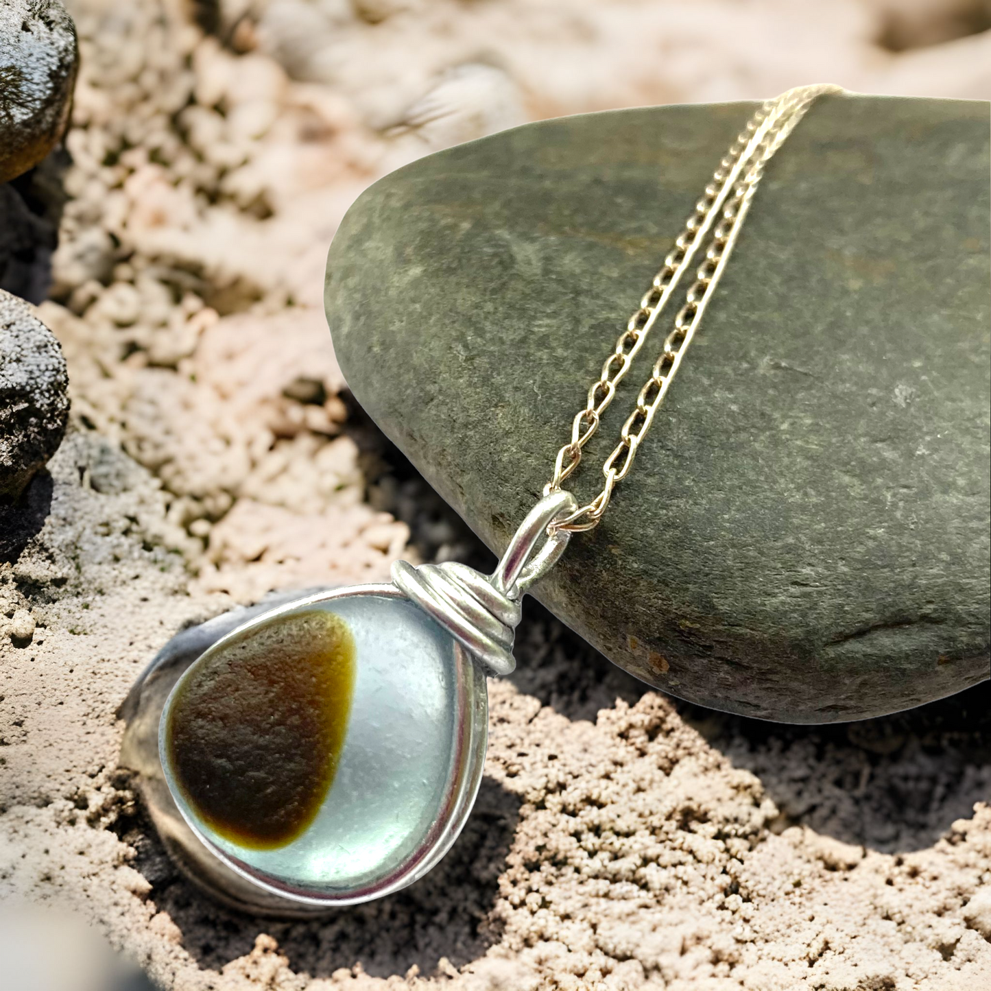 Olive and White Seaham Sea Glass Pendant