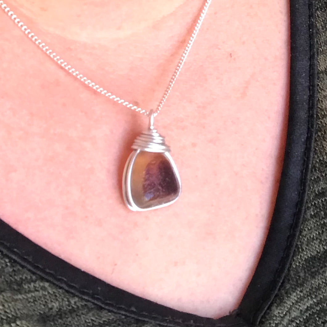Yellow and Brown Seaham Sea Glass Pendant on a 20” Sterling Silver Chain .