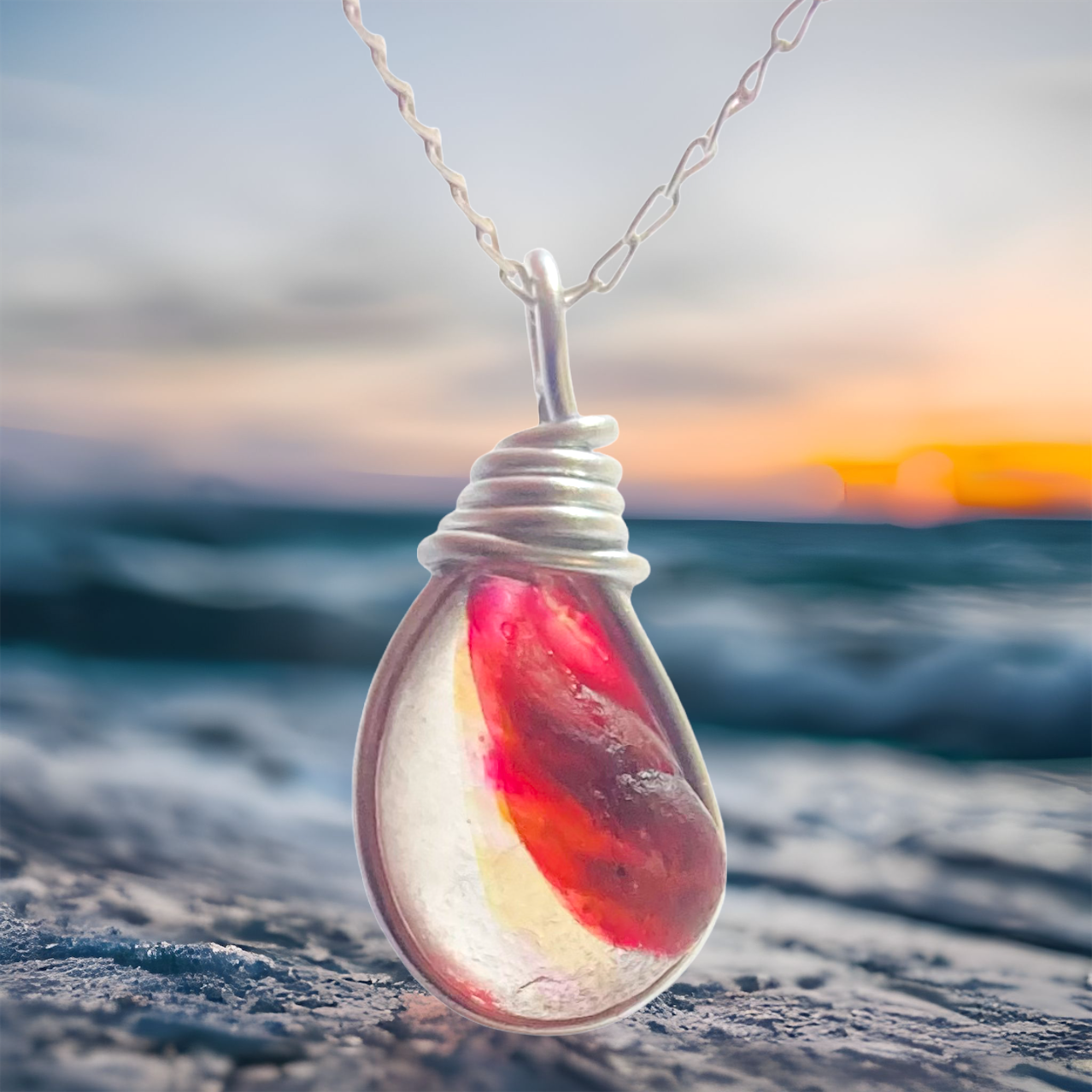 Rare Pink and Yellow Seaham Sea Glass Multi Tone Pendant .