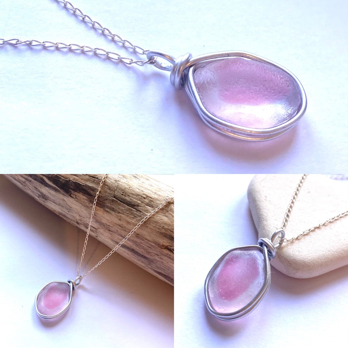 Pink and White Seaham Sea Glass Multi Pendant