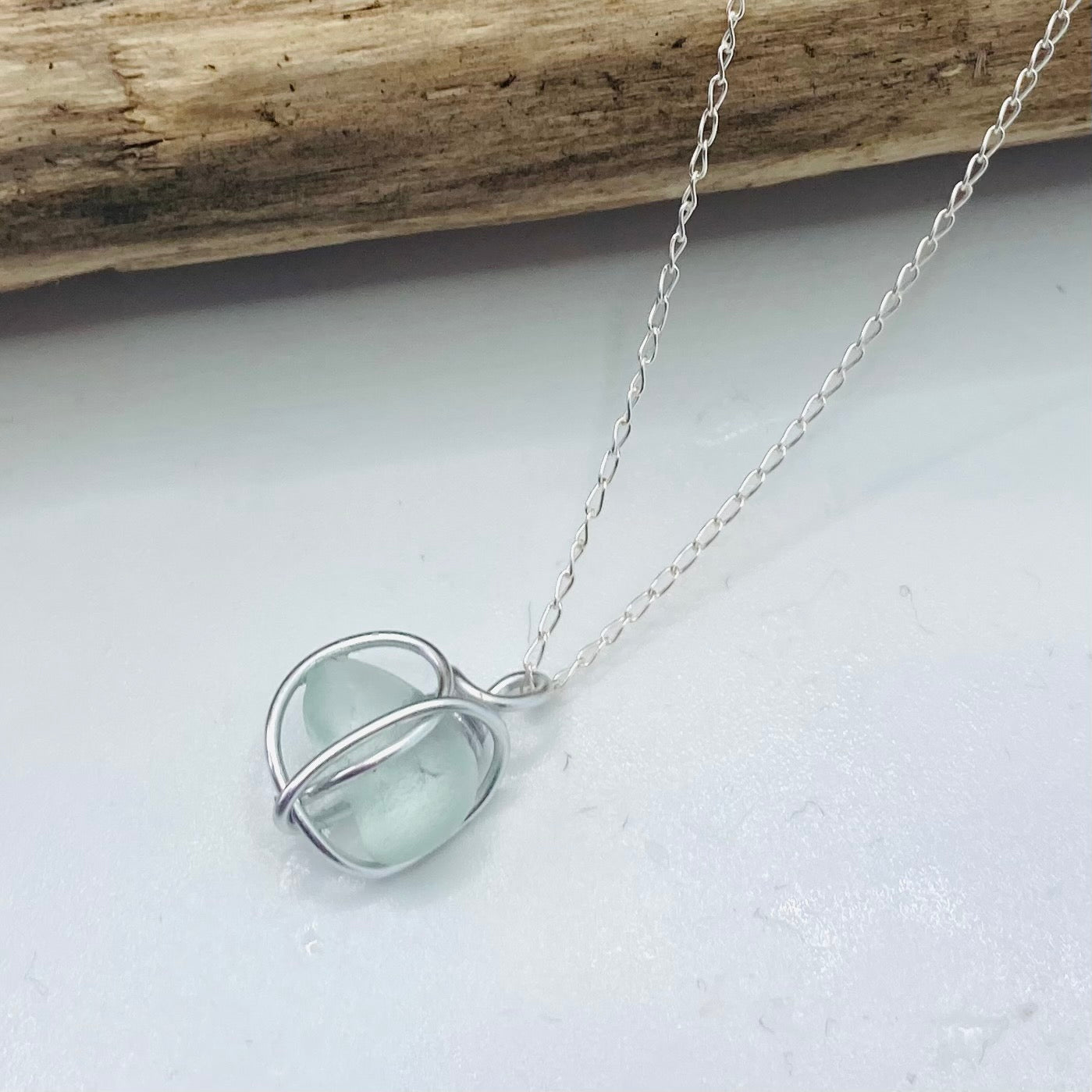 Cornish Sea Glass Seafoam Heart Pendant