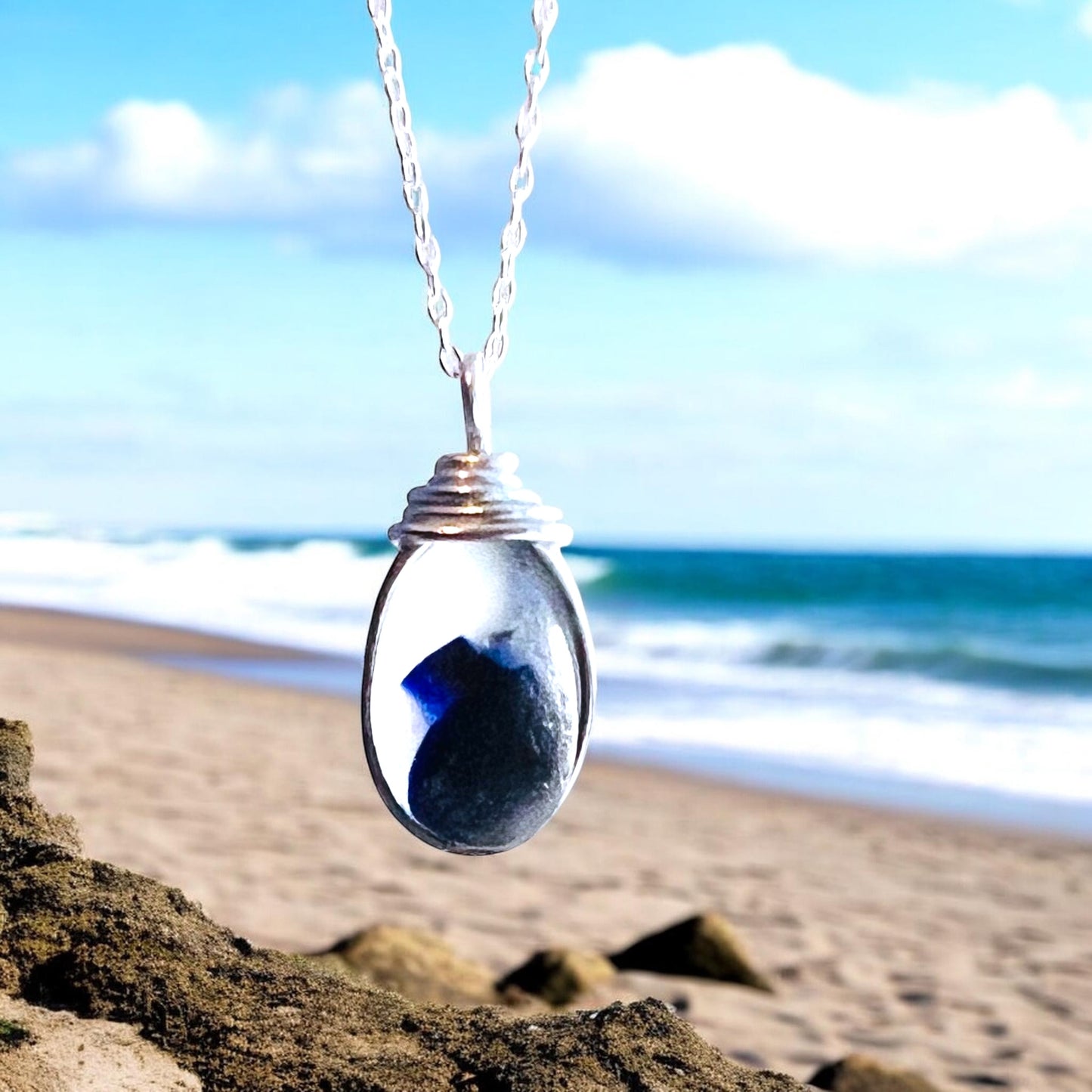 Deep Blue and White Seaham Sea Glass Multi Pendant