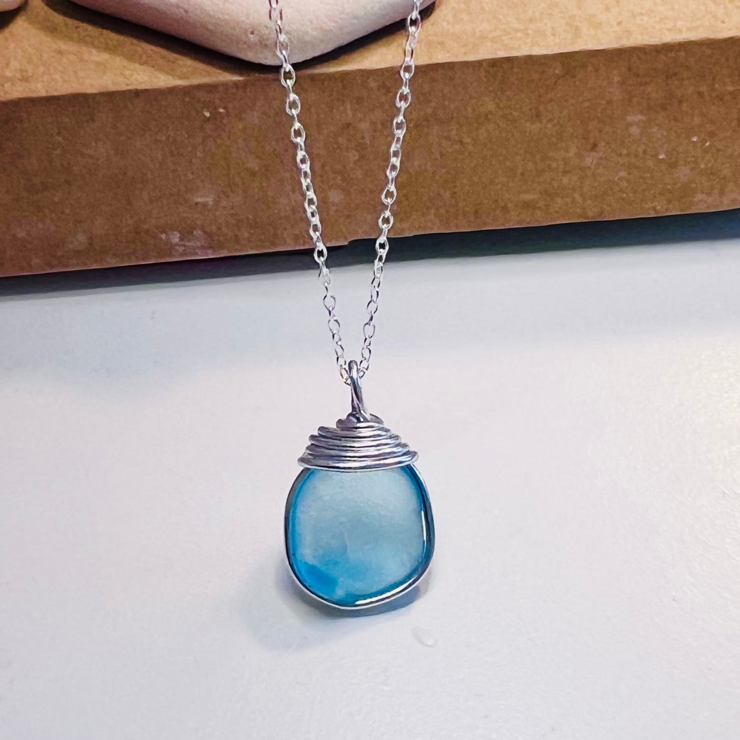 Bright Aqua Blue Seaham Sea Glass Pendant