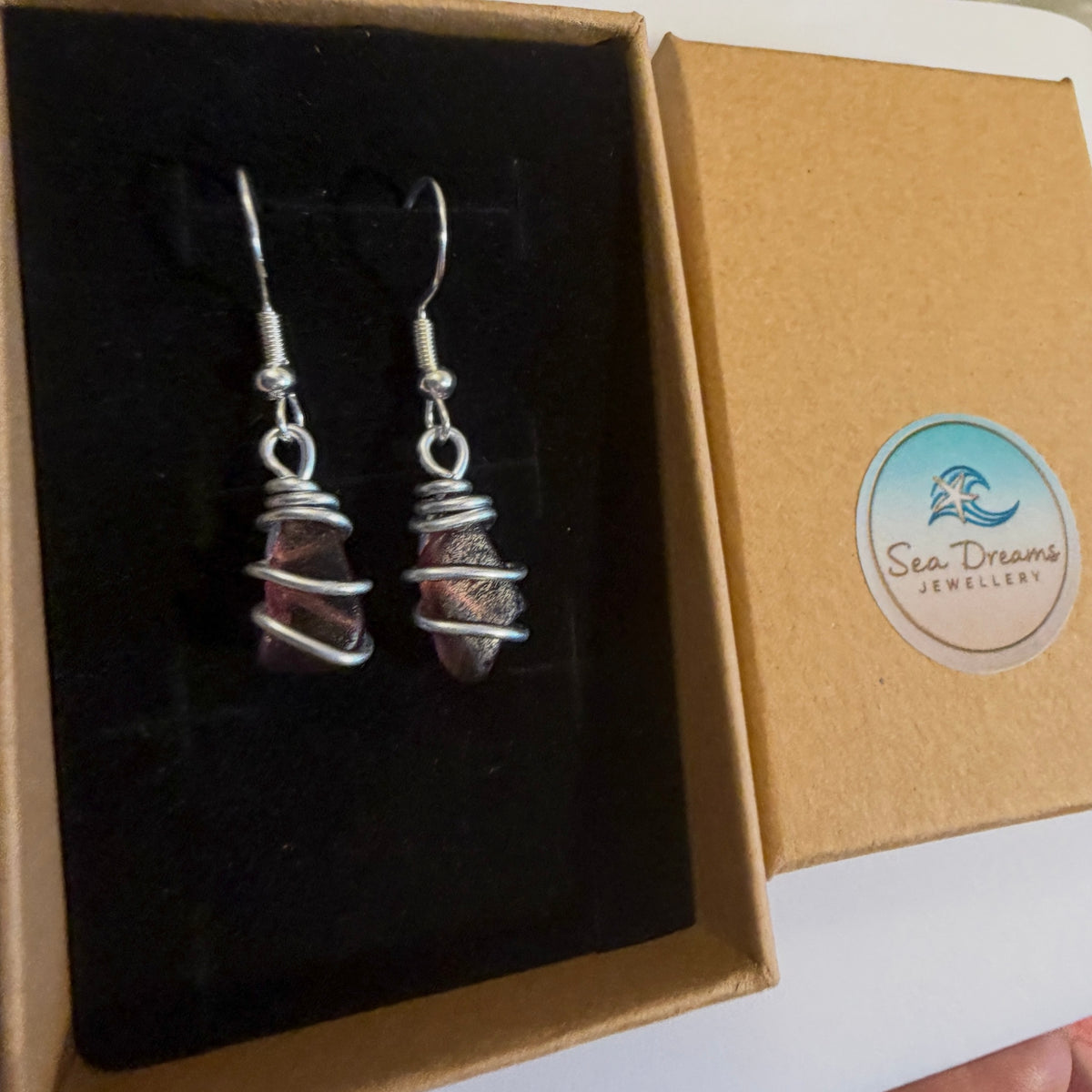 Rare Deep Pink Seaham Sea Glass Dangly Earrings