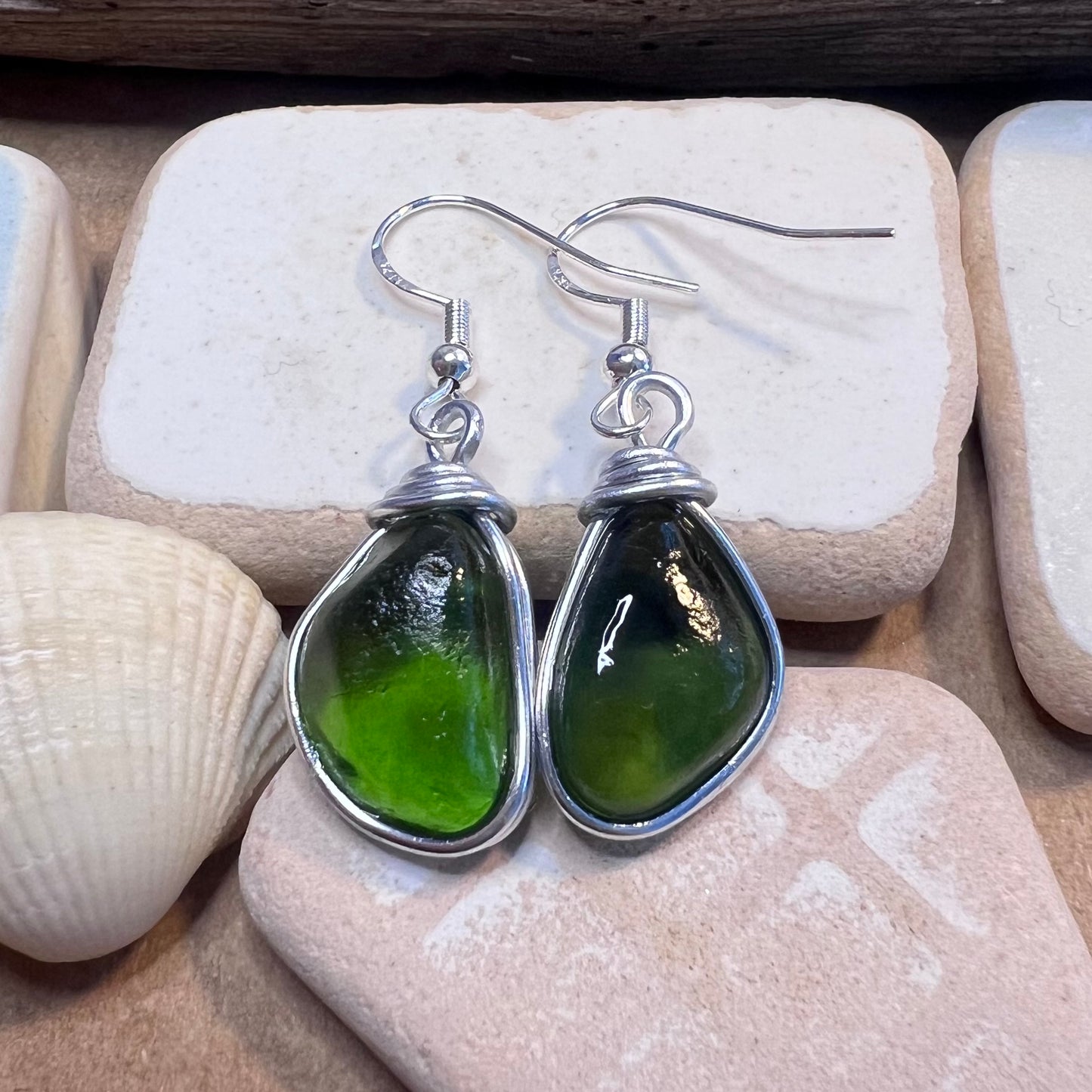 Bright Green Seaham Sea Glass Earrings