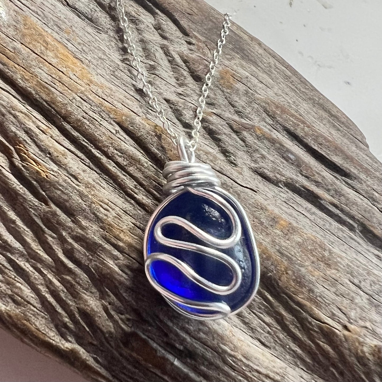 Cobalt Blue Seaham Sea Glass Waves Pendant