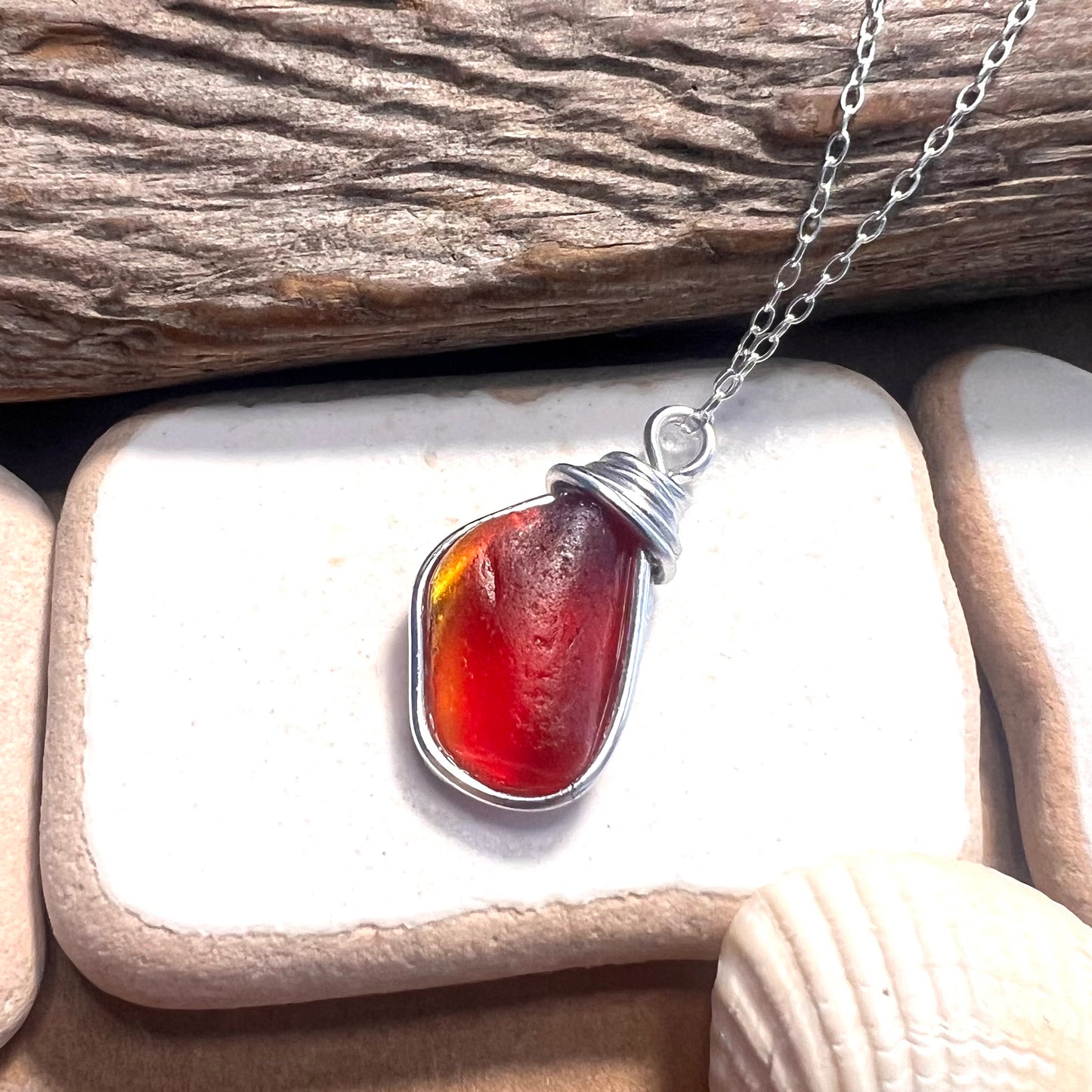 Very Rare Red and Orange and Yellow Seaham Sea Glass Multi Pendant