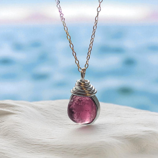 Rare Plum Purple Seaham Sea Glass Pendant .