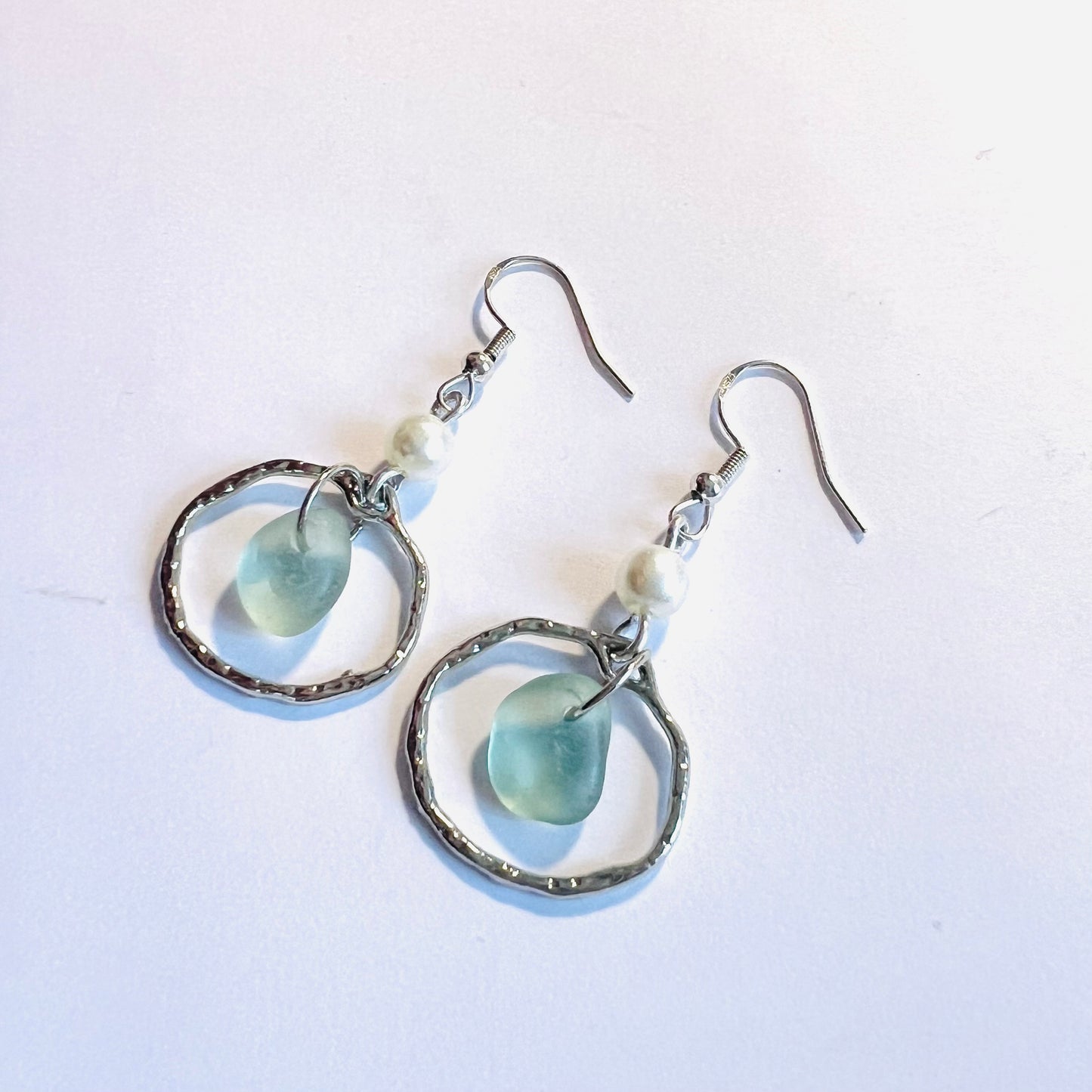 Aqua Sea Glass Frame & Pearl Earrings