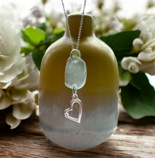 Cornish Sea Glass & Heart Charm Pendant