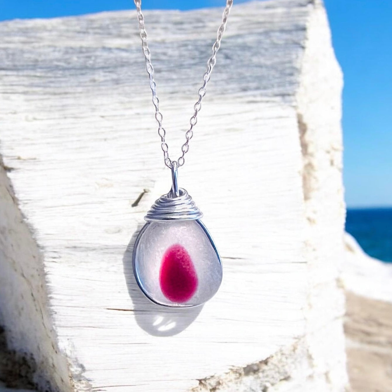 Large Pink & White Seaham Sea Glass Multi Pendant