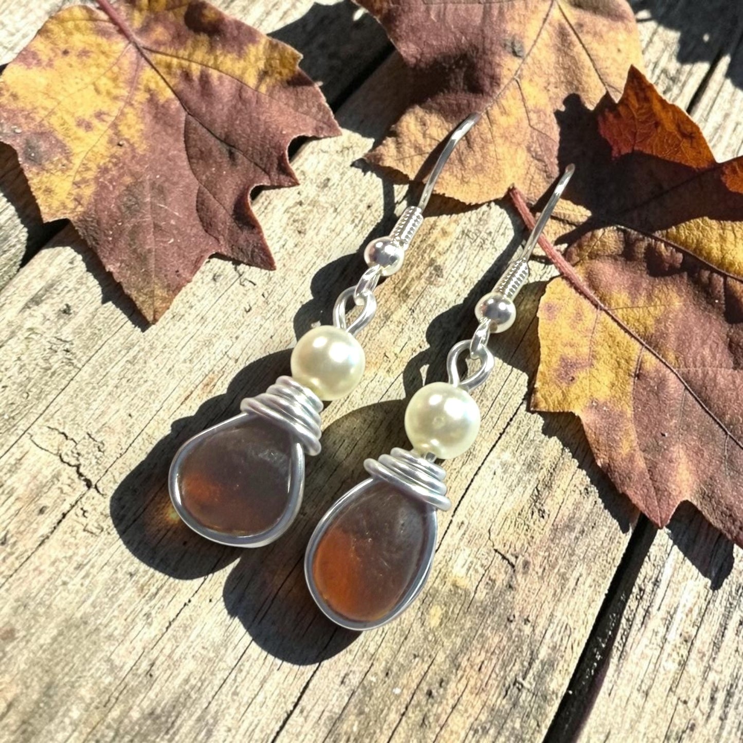 Amber Seaham Sea Glass and Glass Pearl Dangly Earrings