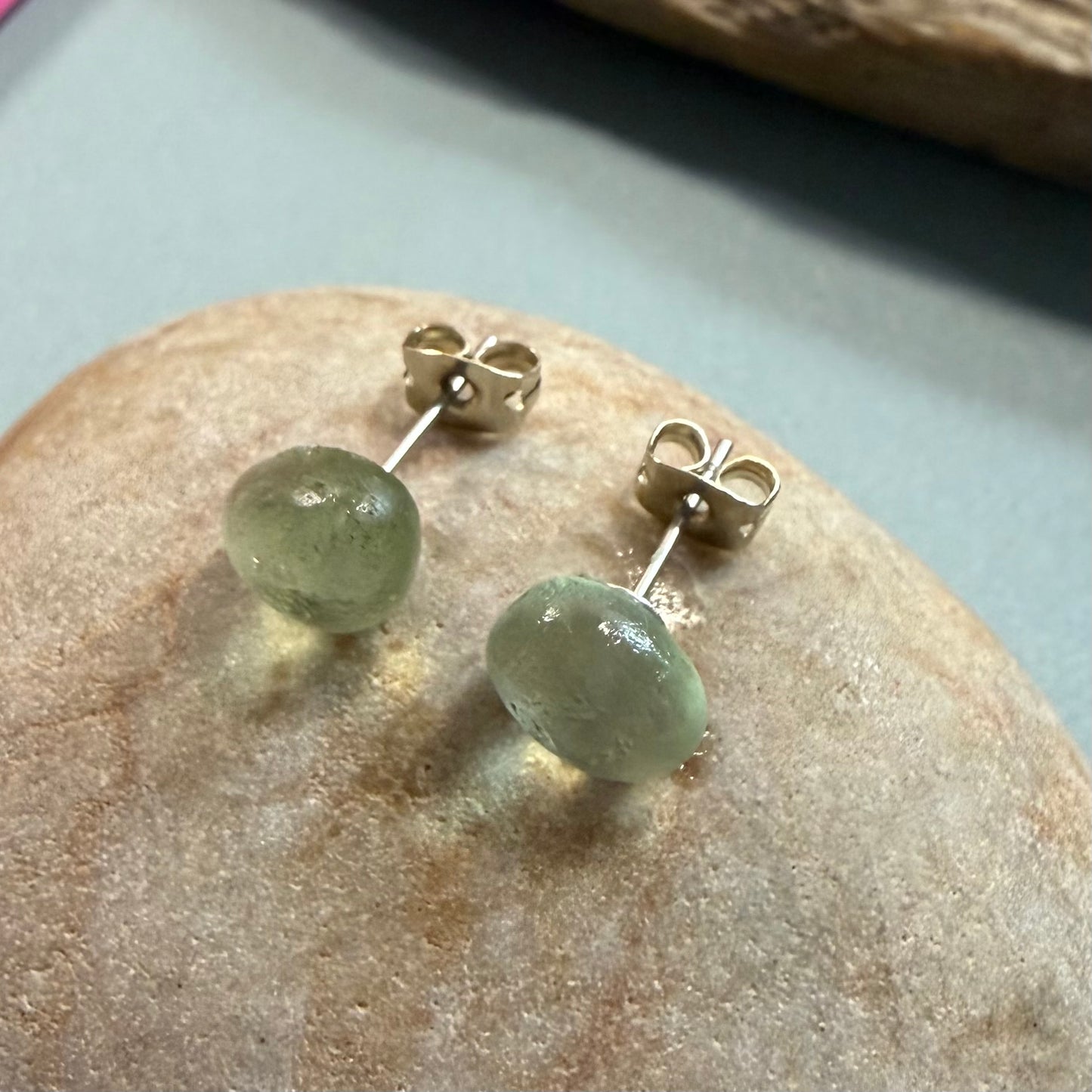 Pale Aqua Green Seaham Glass Stud Earrings