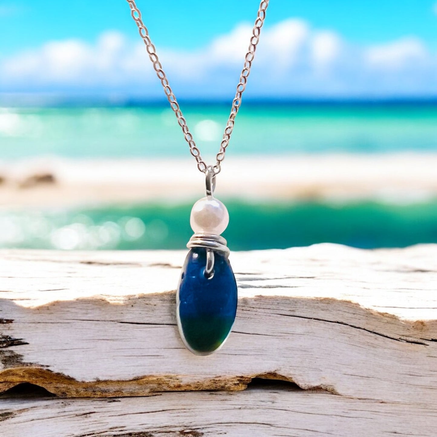 Deep Blue and Green Seaham Sea Glass Multi Pendant