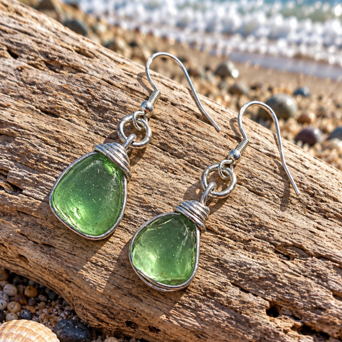 Canary Island Bright Lime Green Sea Glass Earrings