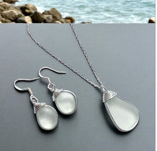 Frosty White Seaham Sea Glass Jewellery Set
