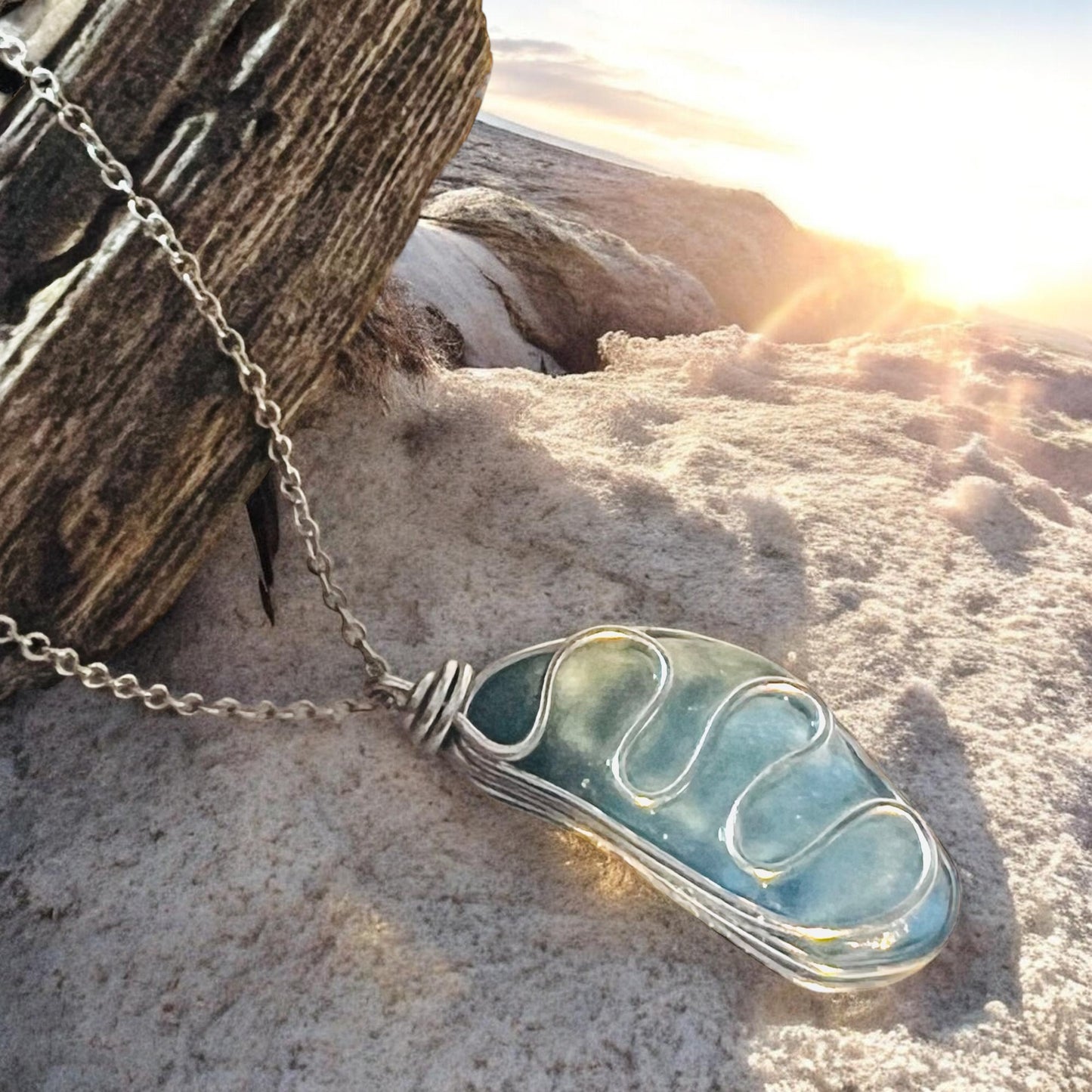 Large Dusky Blue Seaham Sea Glass Waves Glass Pendant