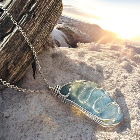 Large Dusky Blue Seaham Sea Glass Waves Glass Pendant