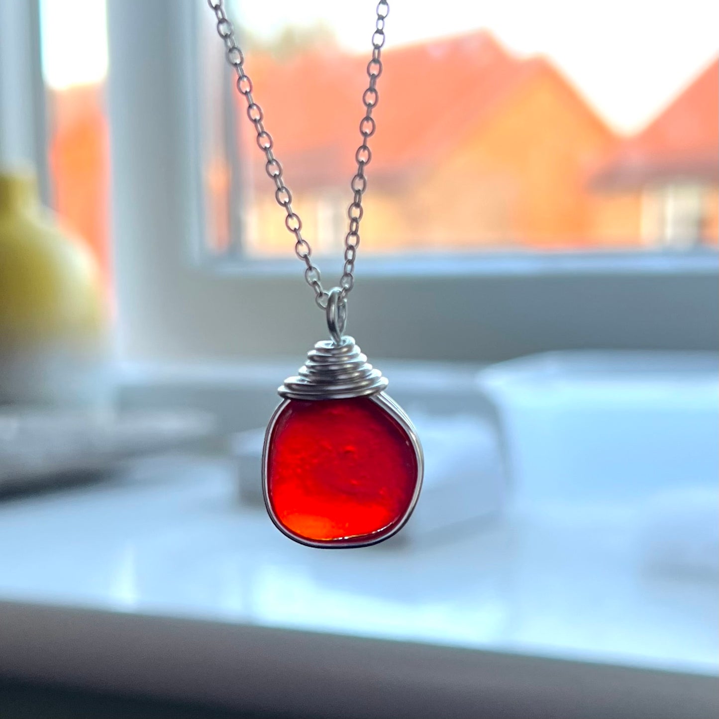 Large Very Rare Red and Orange Seaham Sea Glass Pendant