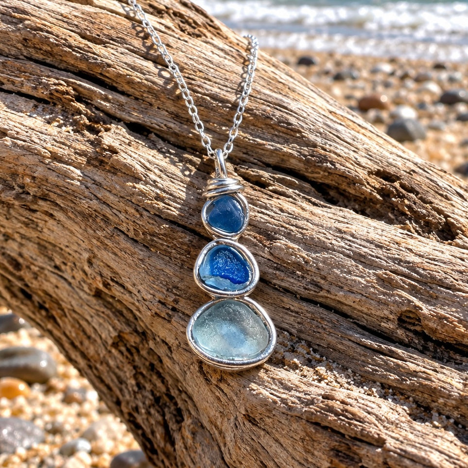 Blue Three Piece Seaham Sea Glass Pendant