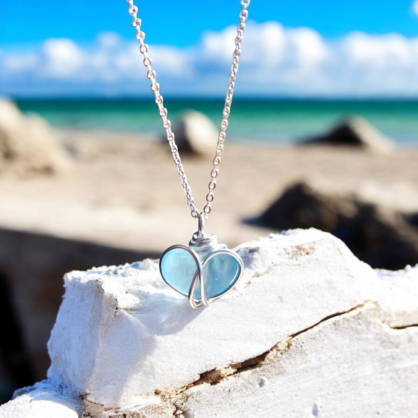 Bright Blue Heart Sea Glass Pendant