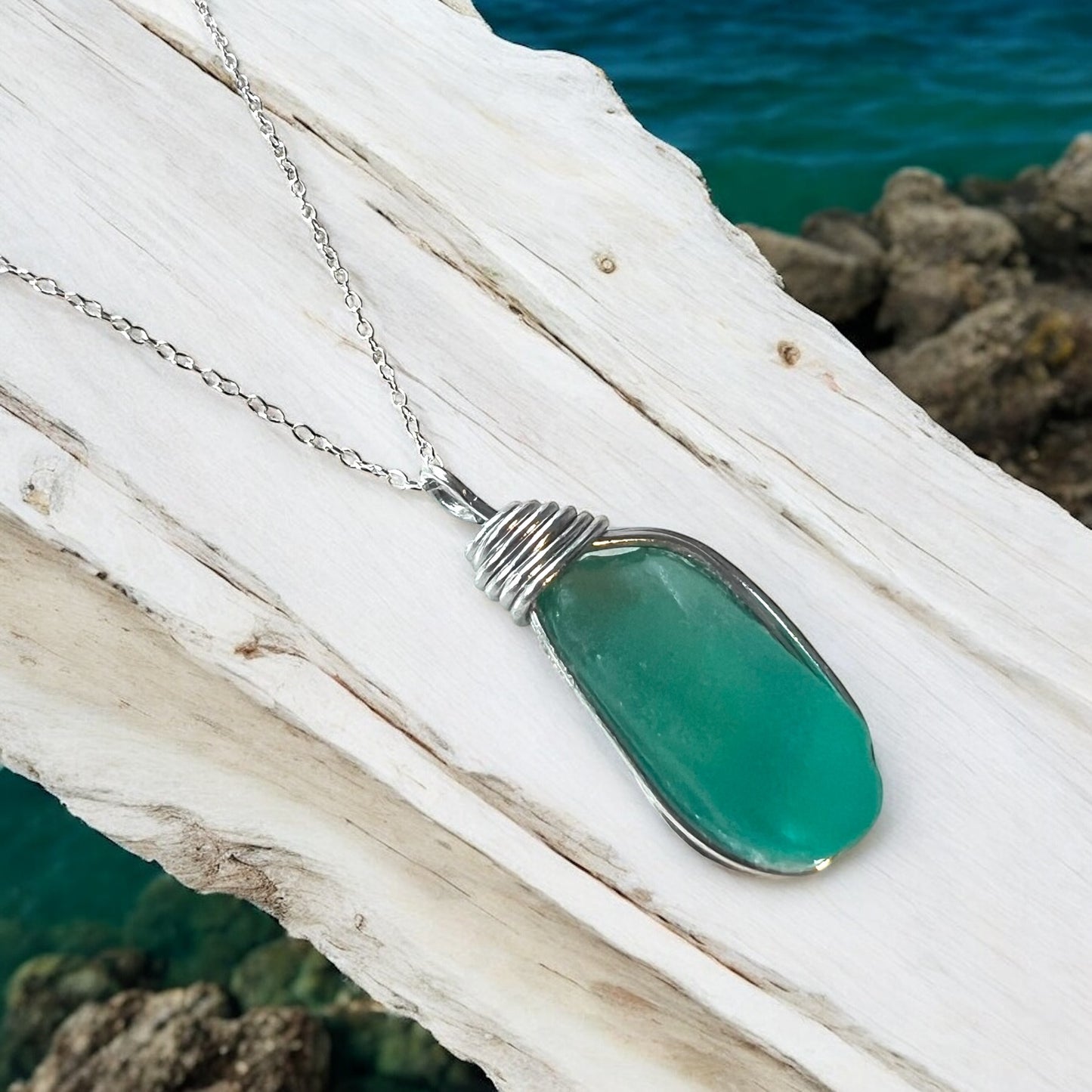 Large Bright Aqua Kent Sea Glass Pendant