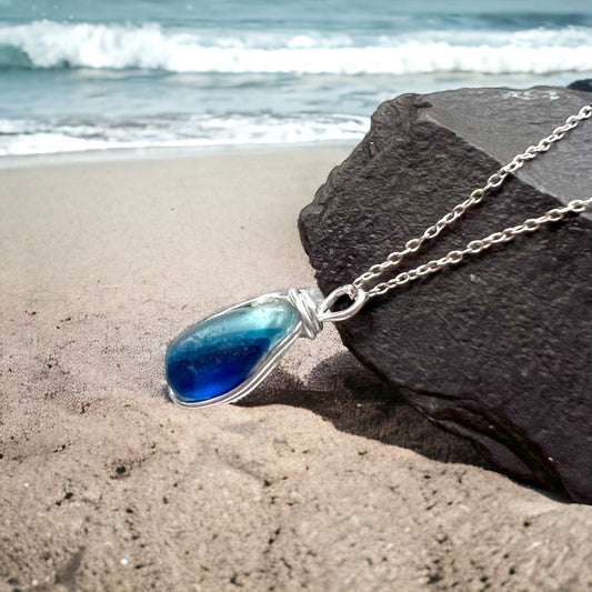 Mixed Blues Seaham Sea Glass Handmade Sea Glass Pendant 