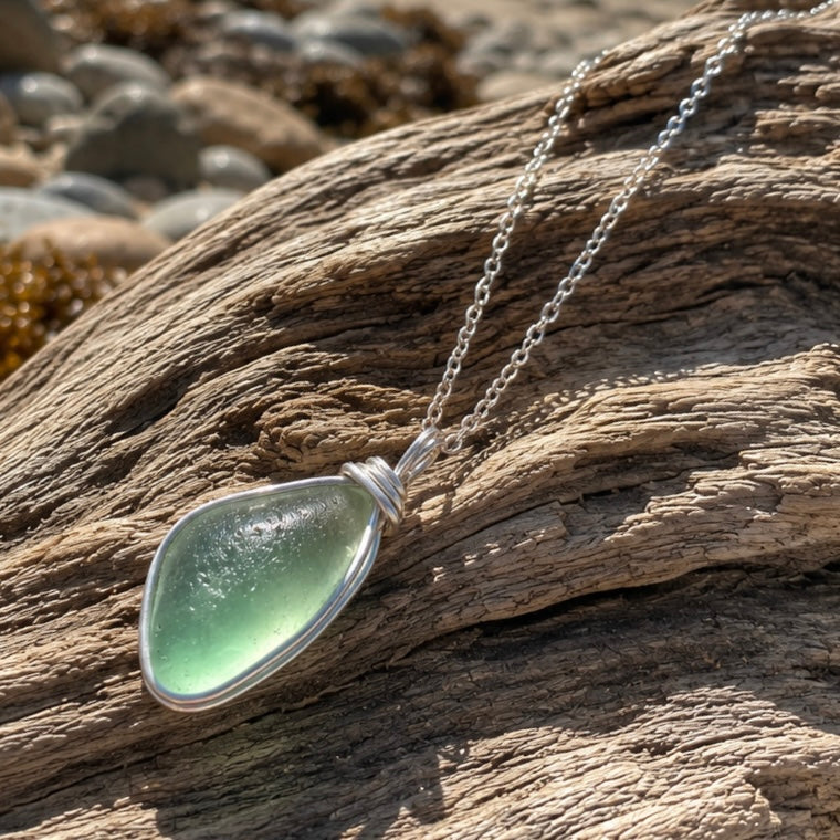 Pale Aqua Green Seaham Sea Glass Pendant