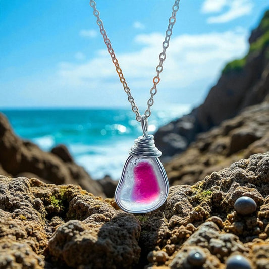 Rare Pink and White Seaham Sea Glass Multi Tone Pendant .