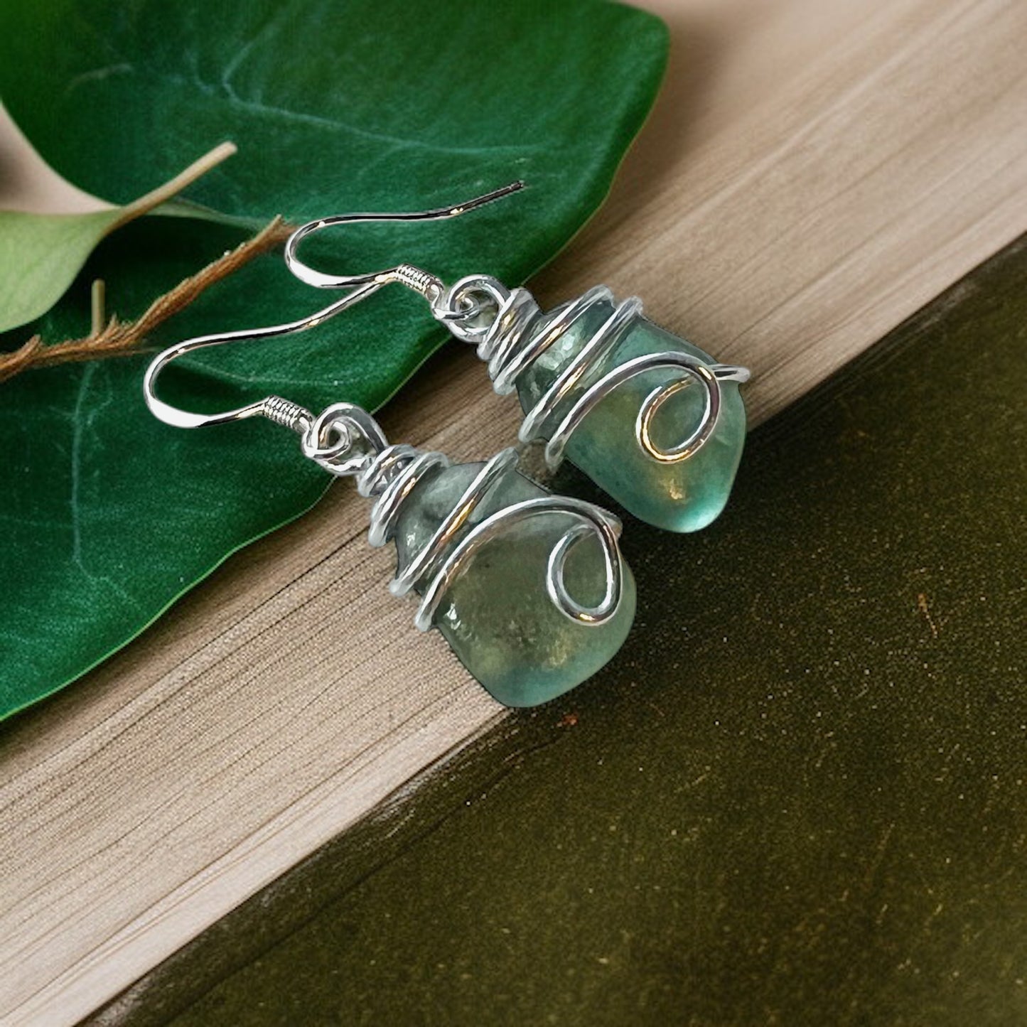 Turquoise Green Seaham Sea Glass Earrings
