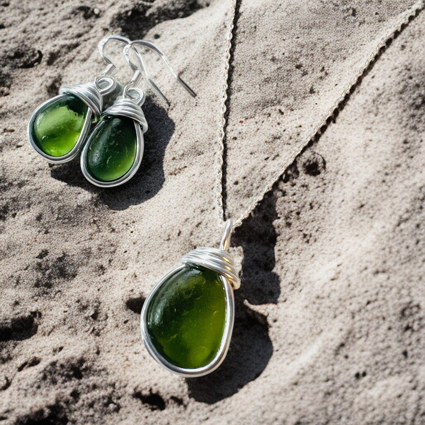Green Seaham Sea Glass Jewellery Set