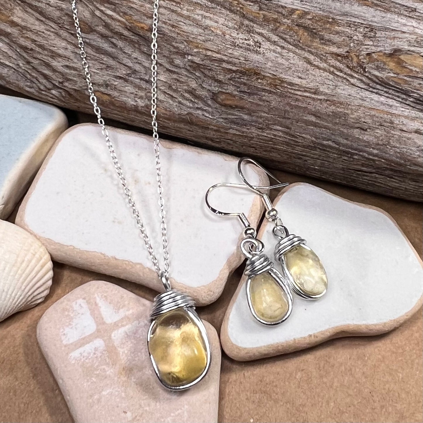 Pale Yellow Seaham Sea Glass Jewellery Set