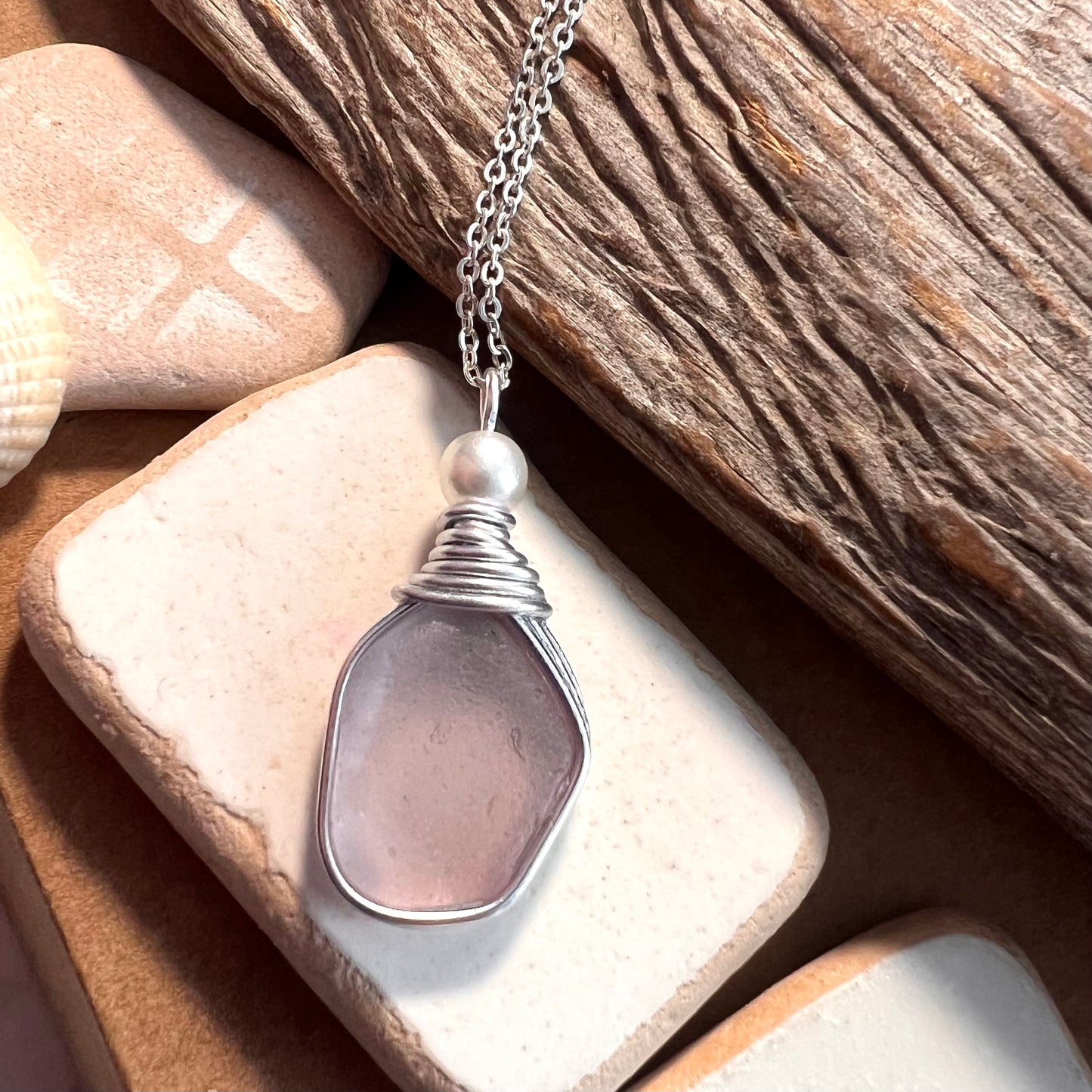 Rare Lilac Purple/Pink tone Seaham Sea Glass Pendant