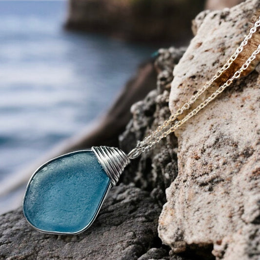 Large Rare Dusky Blue Kent Sea Glass Pendant